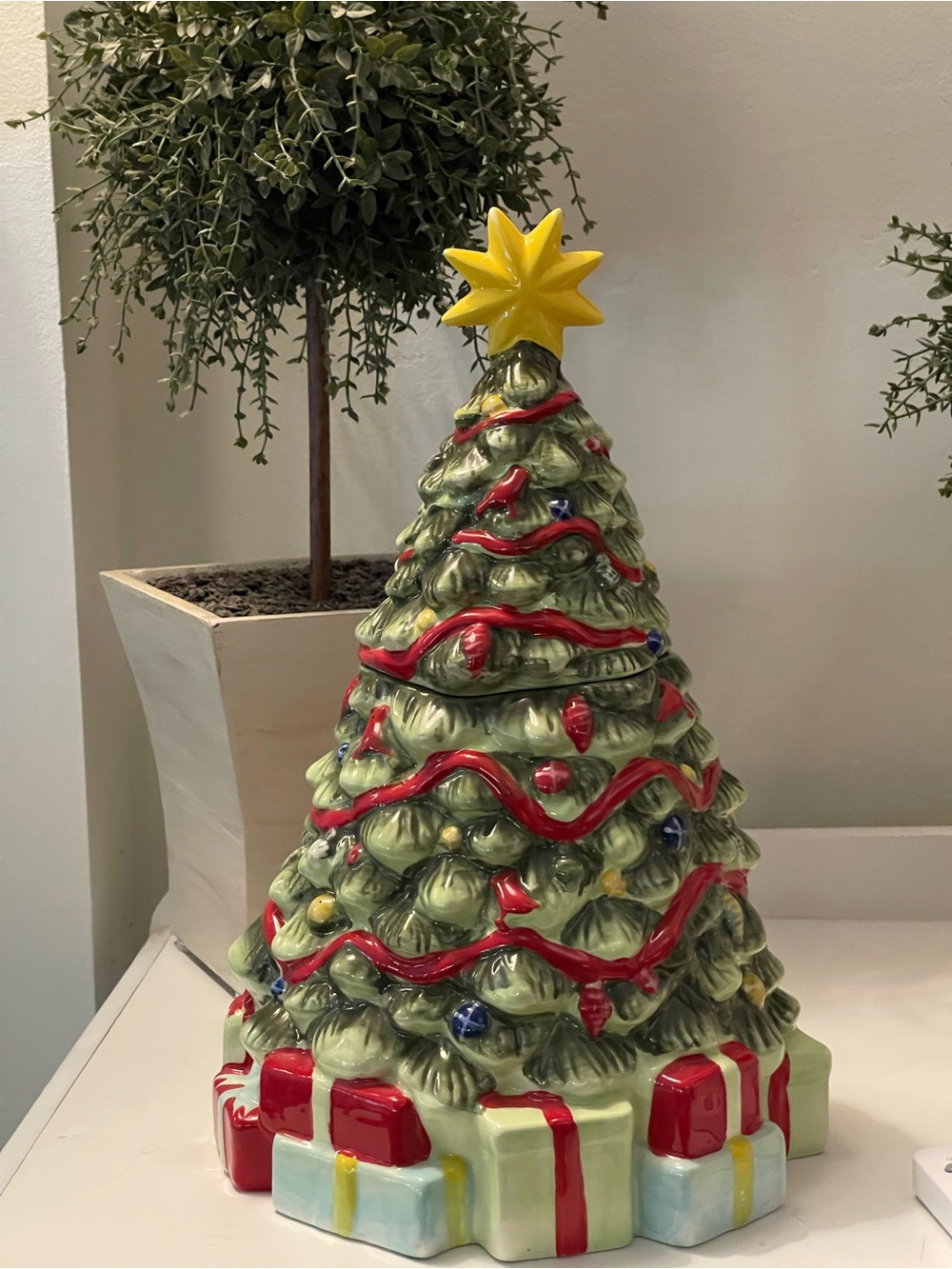 Decorative Ceramic Christmas Tree with Yellow Star - Green/Red Holiday Accent
